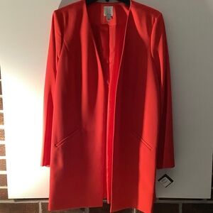 HALOGEN Red Poinsettia Open Front Long Duster Coat Jacket Sz L NWT
